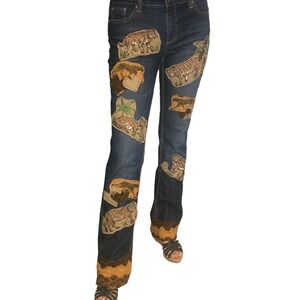 Upcycled LowRise Bootcut Jeans:Sz 6T-Animal Print & Wild Cats Theme
